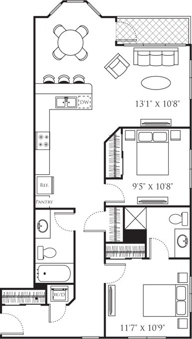 Floor plan for 2 beds, 2 baths, 1018 sqft
